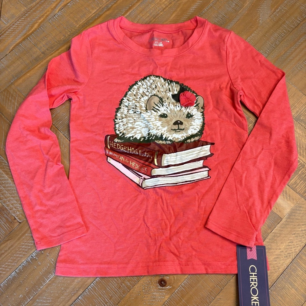 Cherokee Hedgehog Book Graphic Long Sleeve Pink T-shirt Cute Fun Quirky Sz 6-6X